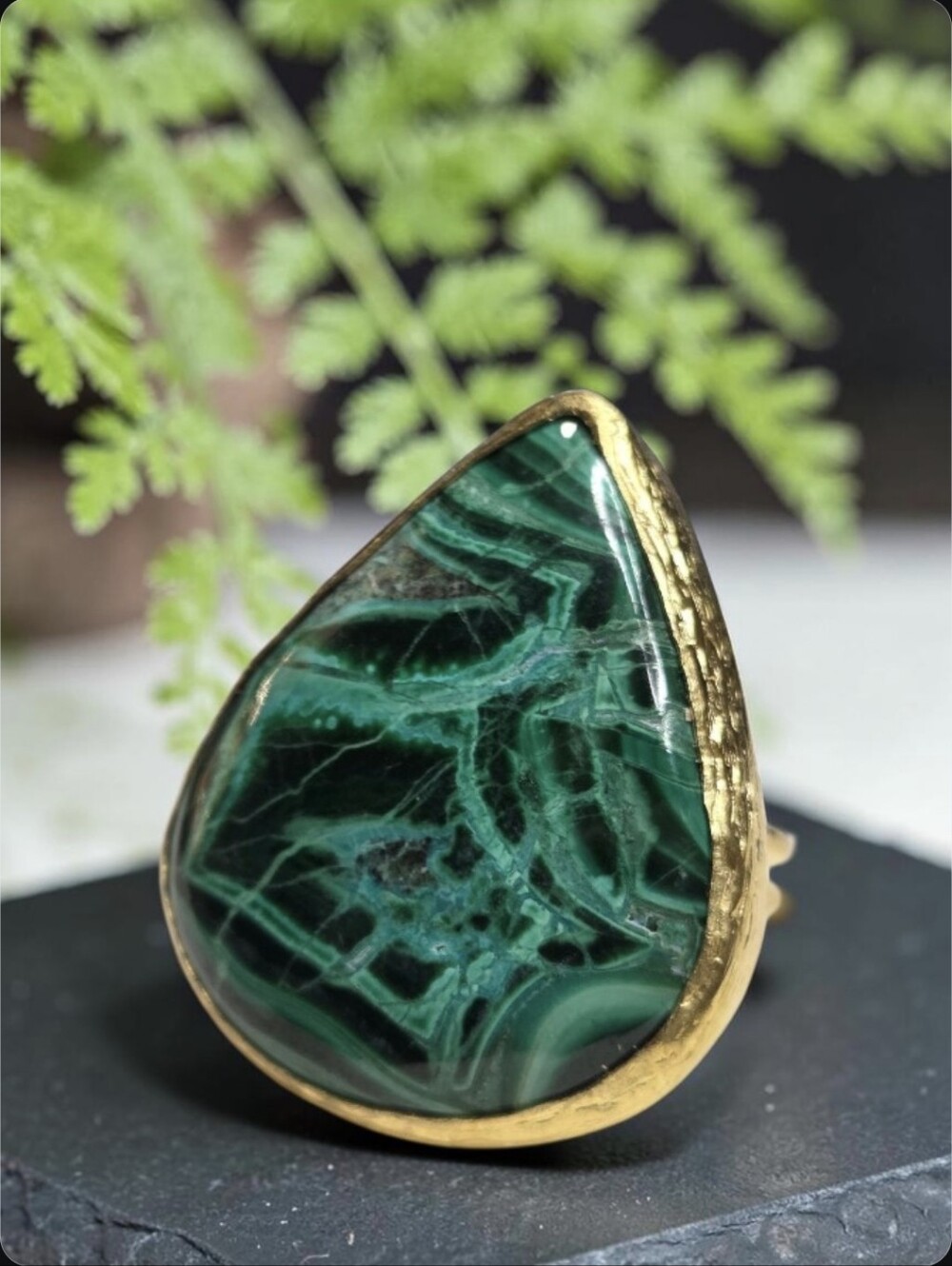 Incredible 18k Gold Plated Oversized Teardrop Genuine Malachite Stone Ring